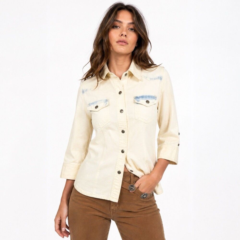 Life In Progress Western Shirt White Blue Bleached Denim Metal Snap Buttons XS